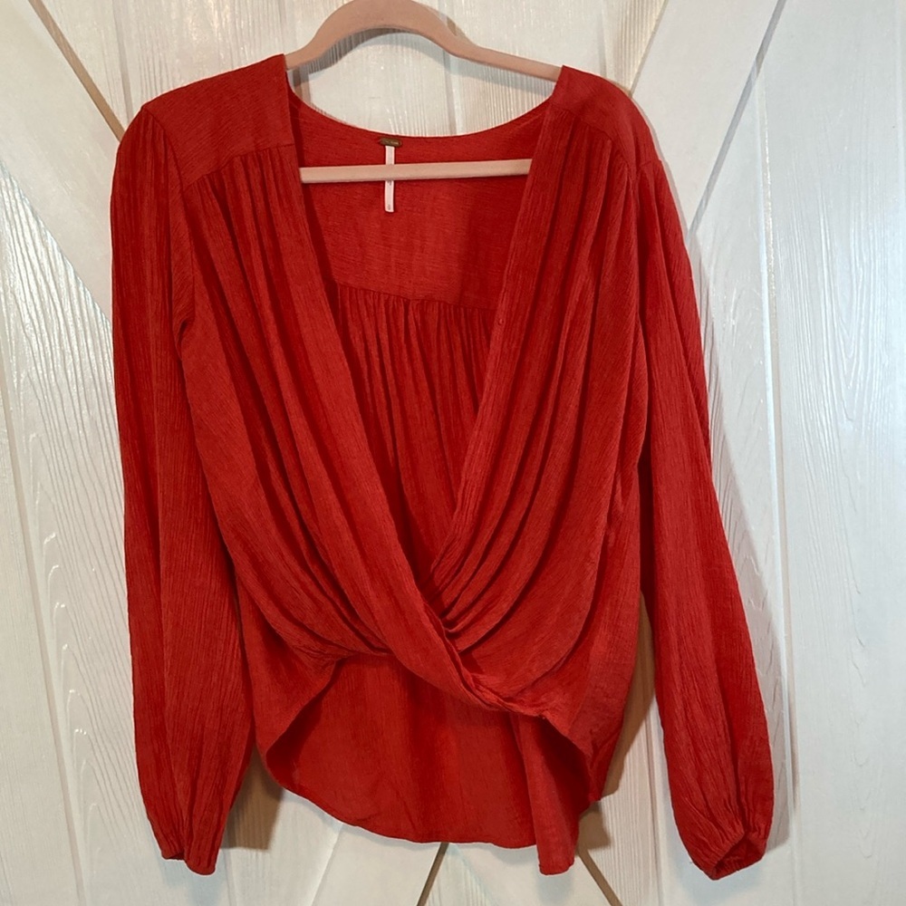 Free People Red Long Sleeve Blouse with Plunge Neckline and Wrap Style